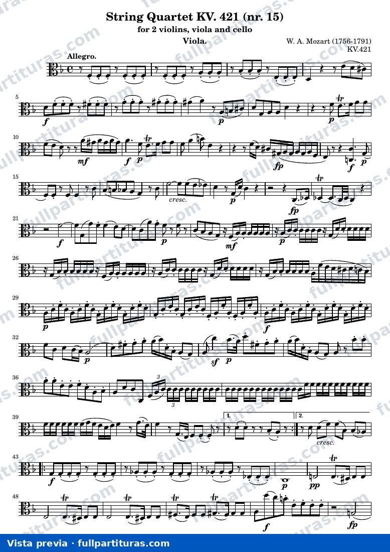 String Quartet KV. 421 (nr. 15) — K421 viola — vista previa