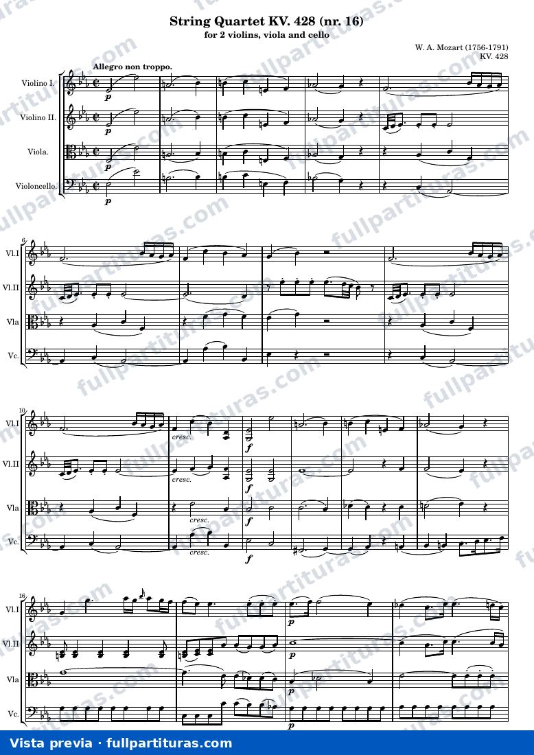 String Quartet KV. 428 (nr. 16) — K428 score — vista previa