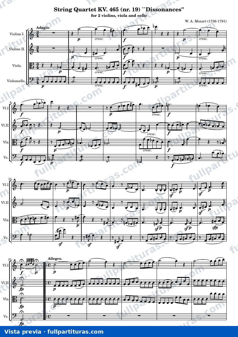 String Quartet KV. 465 (nr. 19) "Dissonances" — K465 score — vista previa