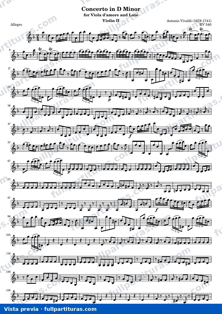 Concerto in D Minor for Viola d'amore and Lute — Vln2 — anteprima