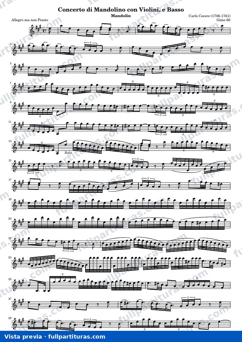 Concerto di Mandolino con Violini, e Basso (Gimo 60) — Mand — vista previa