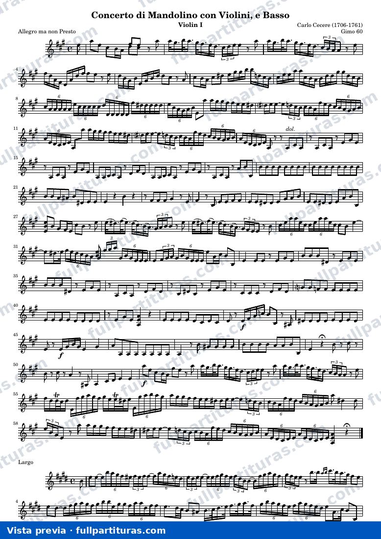 Concerto di Mandolino con Violini, e Basso (Gimo 60) — Vln1 — vista previa