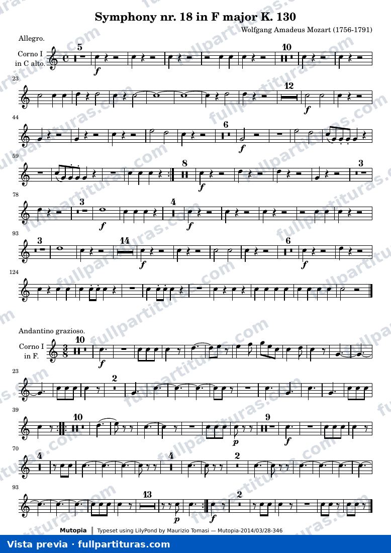 Symphony nr. 18 in F major K. 130 — K130 horn1 — vista previa