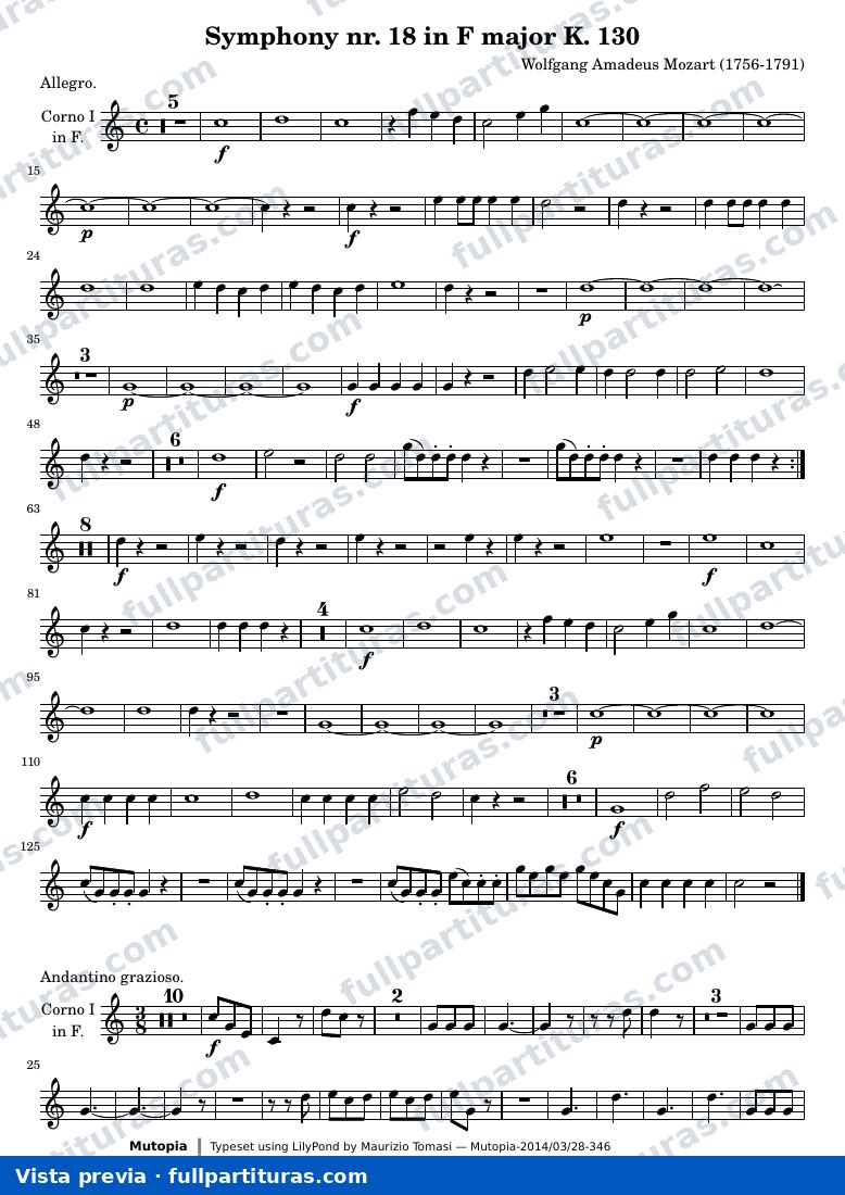 Symphony nr. 18 in F major K. 130 — K130 horn3 — vista previa