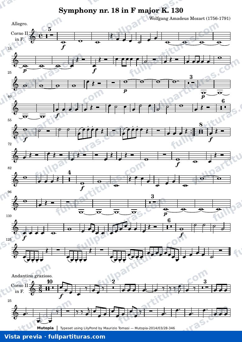 Symphony nr. 18 in F major K. 130 — K130 horn4 — vista previa