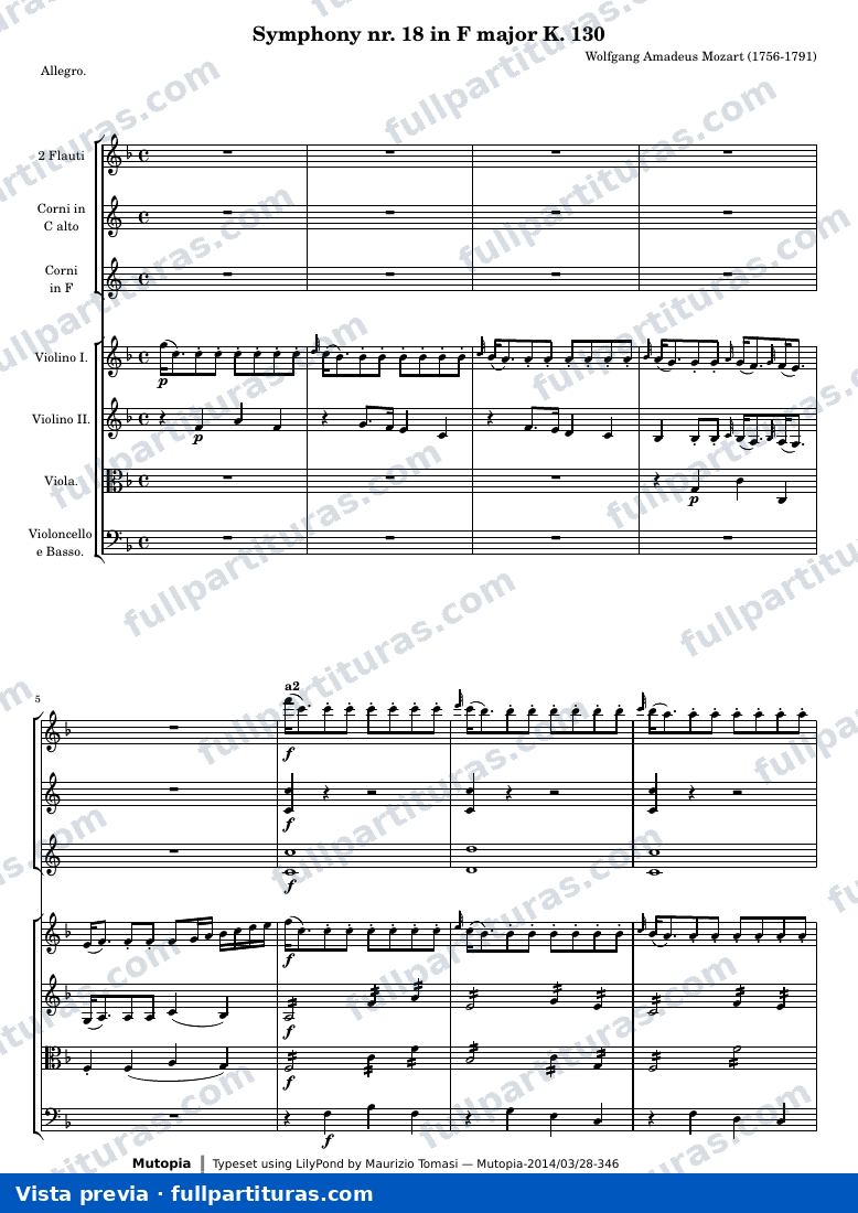Symphony nr. 18 in F major K. 130 — K130 score — vista previa