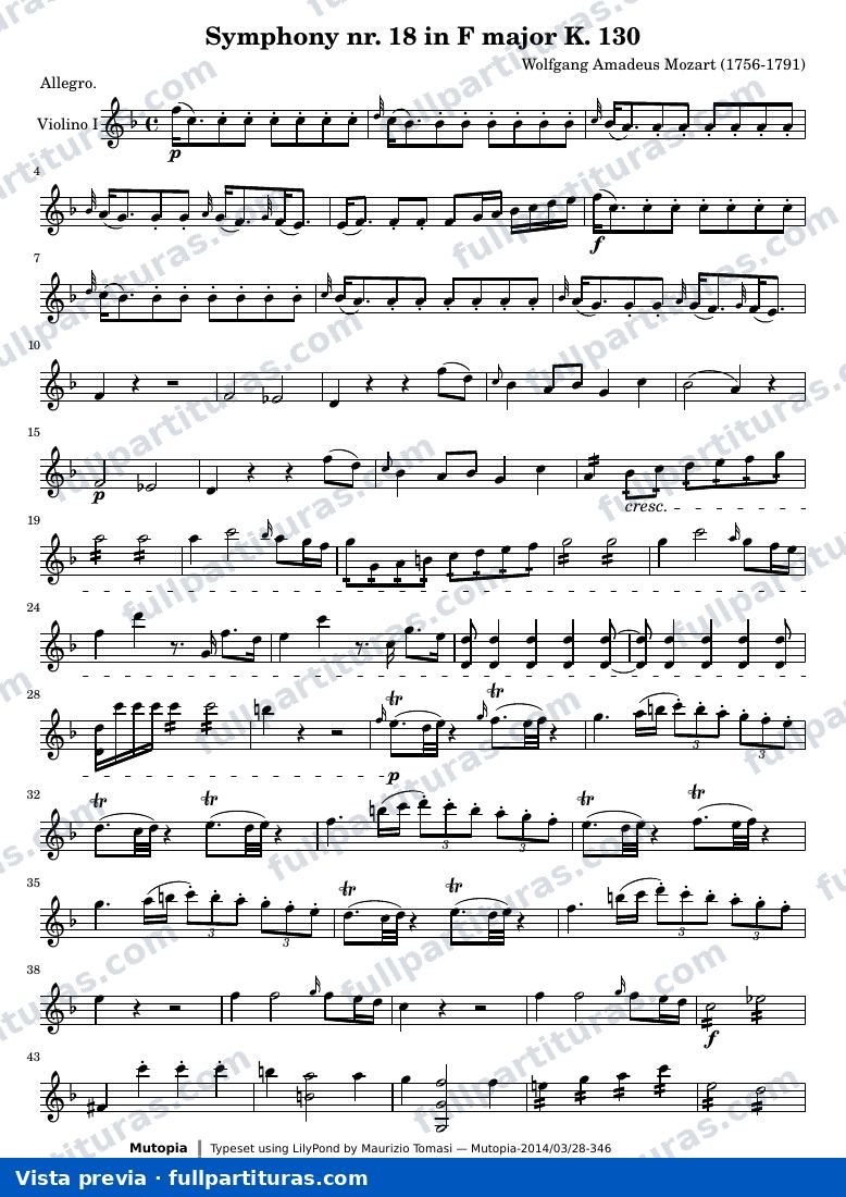 Symphony nr. 18 in F major K. 130 — K130 violin1 — vista previa