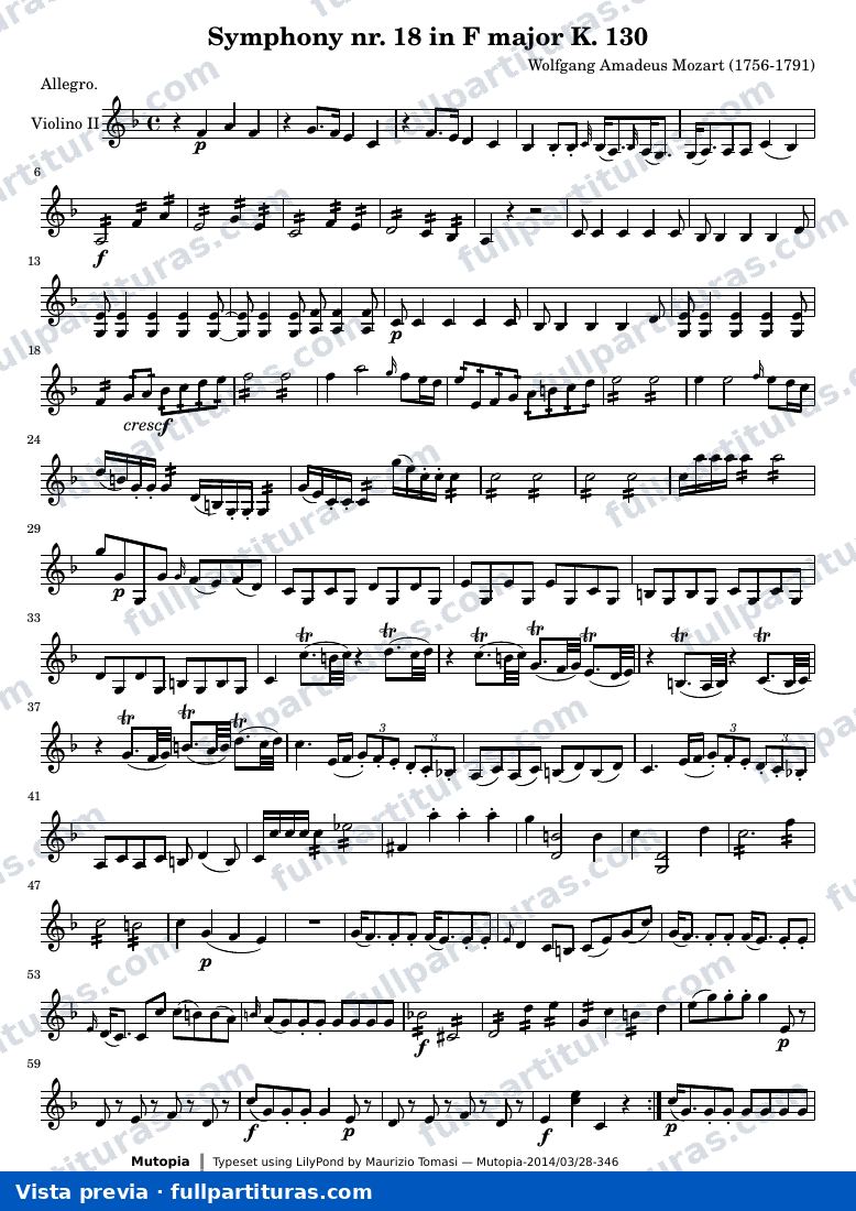 Symphony nr. 18 in F major K. 130 — K130 violin2 — vista previa
