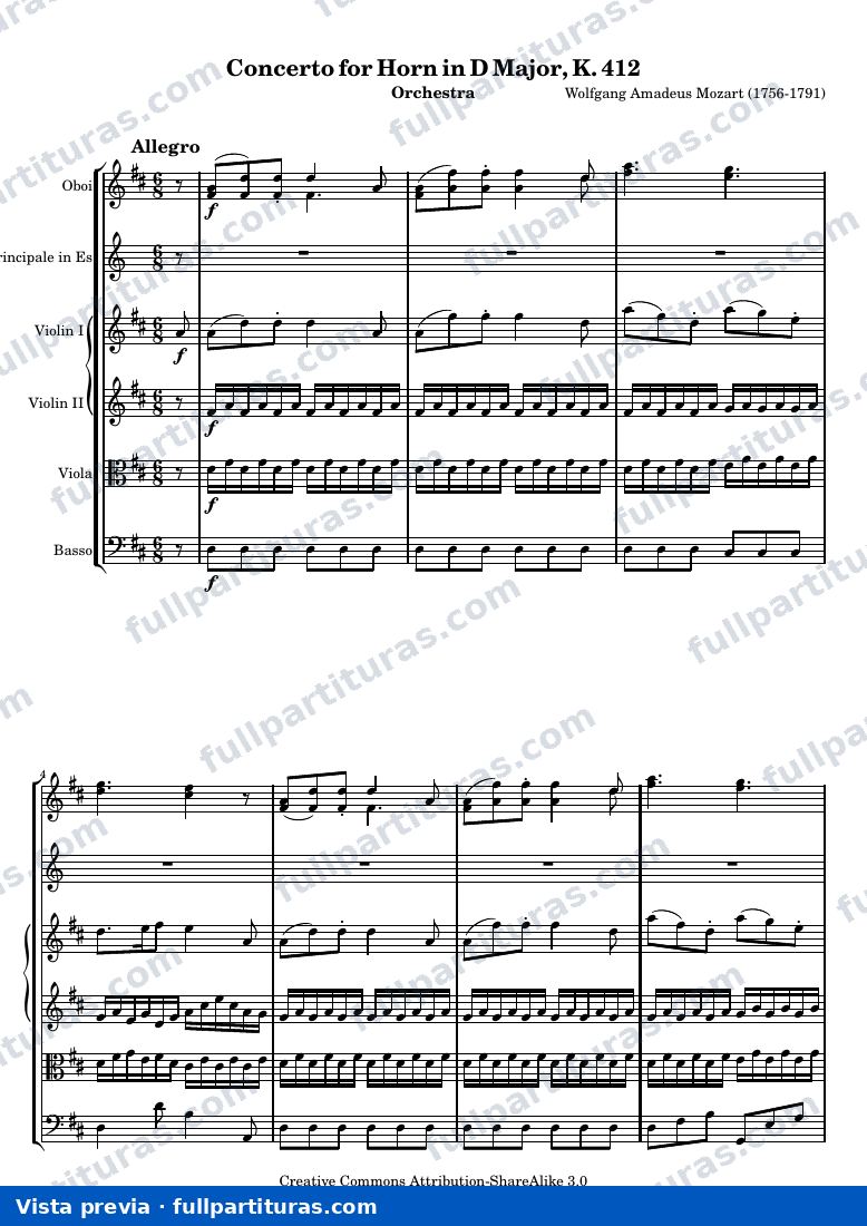 Mozart Horn Concerto No. 1 — ScoreMvtII — vista previa