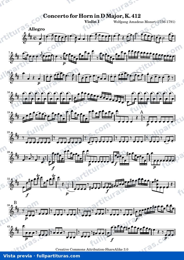 Mozart Horn Concerto No. 1 — ViolinI — vista previa