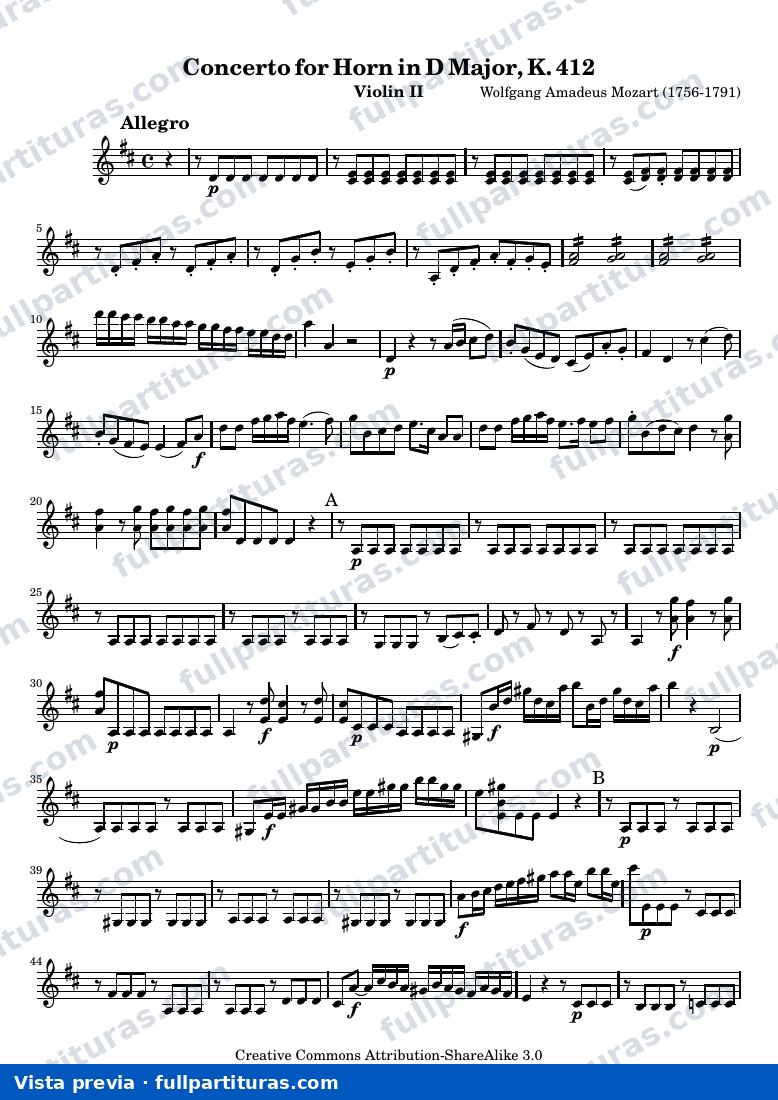 Mozart Horn Concerto No. 1 — ViolinII — vista previa