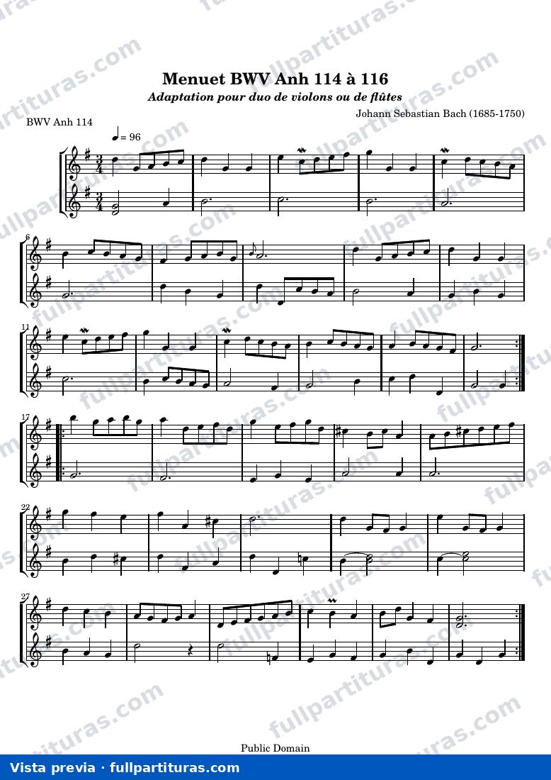 Menuet BWV Anh 114,115,116 pour violons ou altos — Anna magdalena 114 115 116 treble — Vorschau