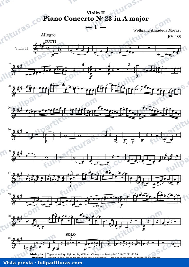 Piano Concerto № 23 — MozartWA KV488 part violin ii — vista previa