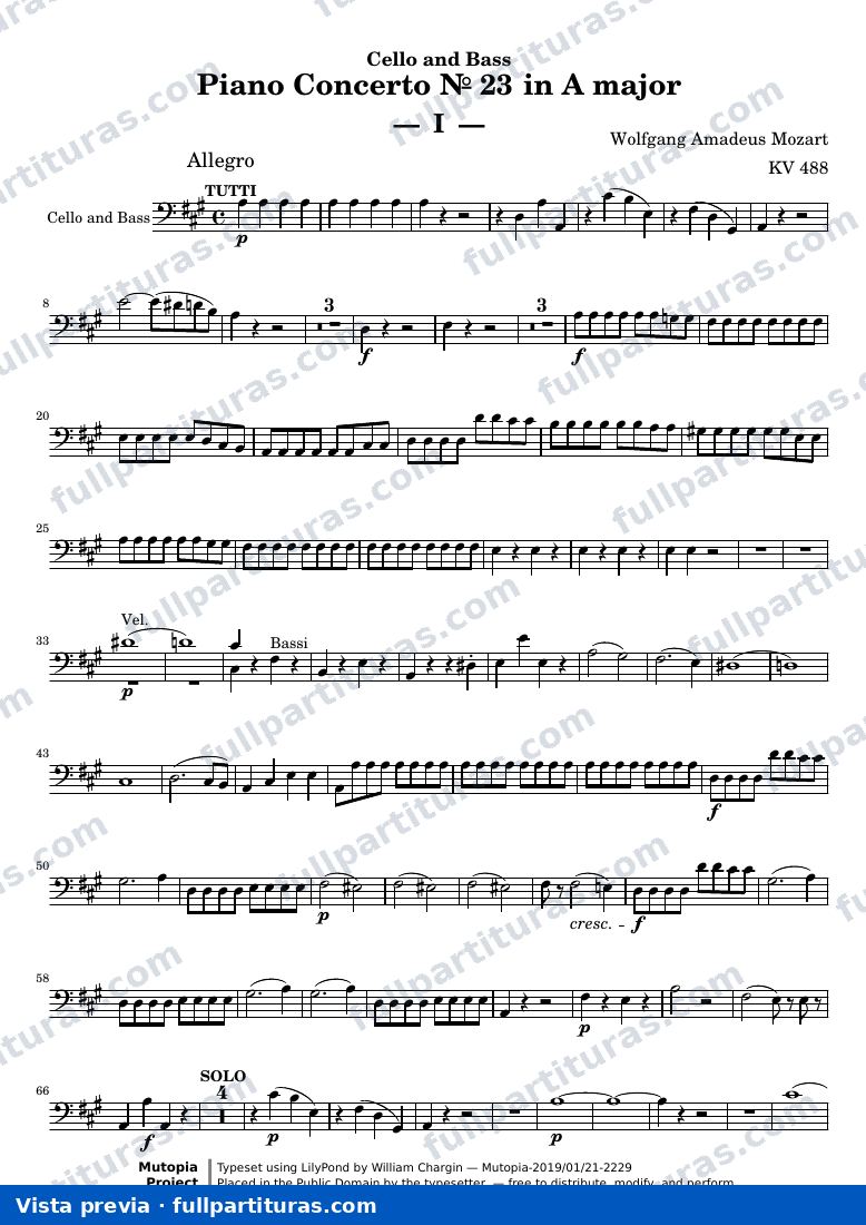 Piano Concerto № 23 — MozartWA KV488 part cello — vista previa