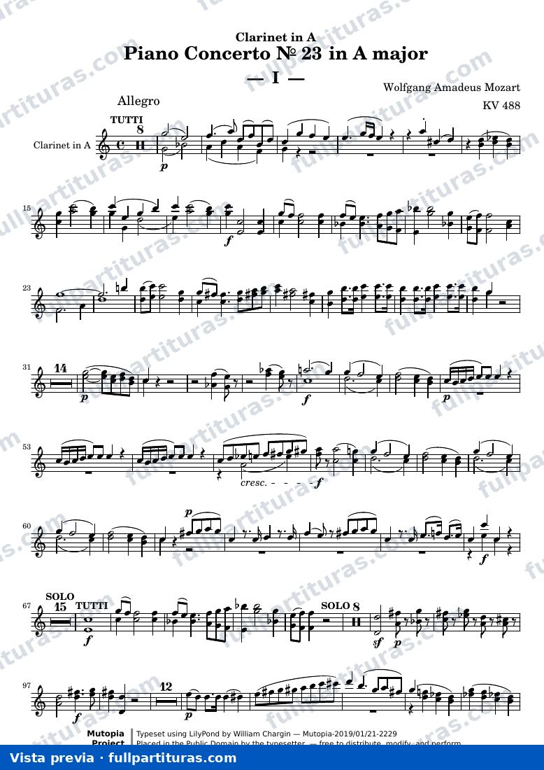 Piano Concerto № 23 — MozartWA KV488 part clarinet — vista previa