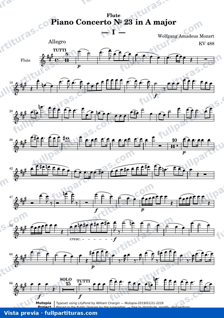 Piano Concerto № 23 — MozartWA KV488 part flute — vista previa