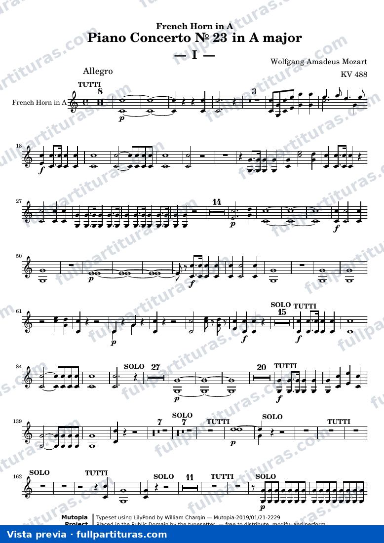 Piano Concerto № 23 — MozartWA KV488 part horn