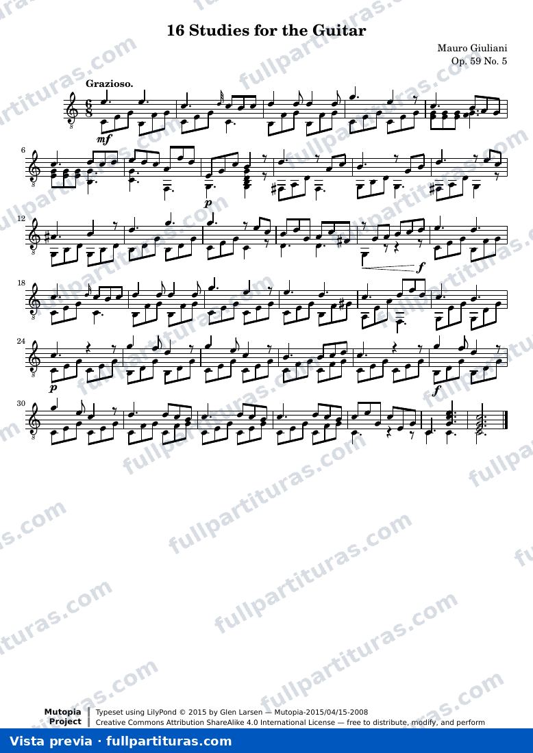 Mauro Giuliani - 16 Studies for the Guitar: No. 5 — preview
