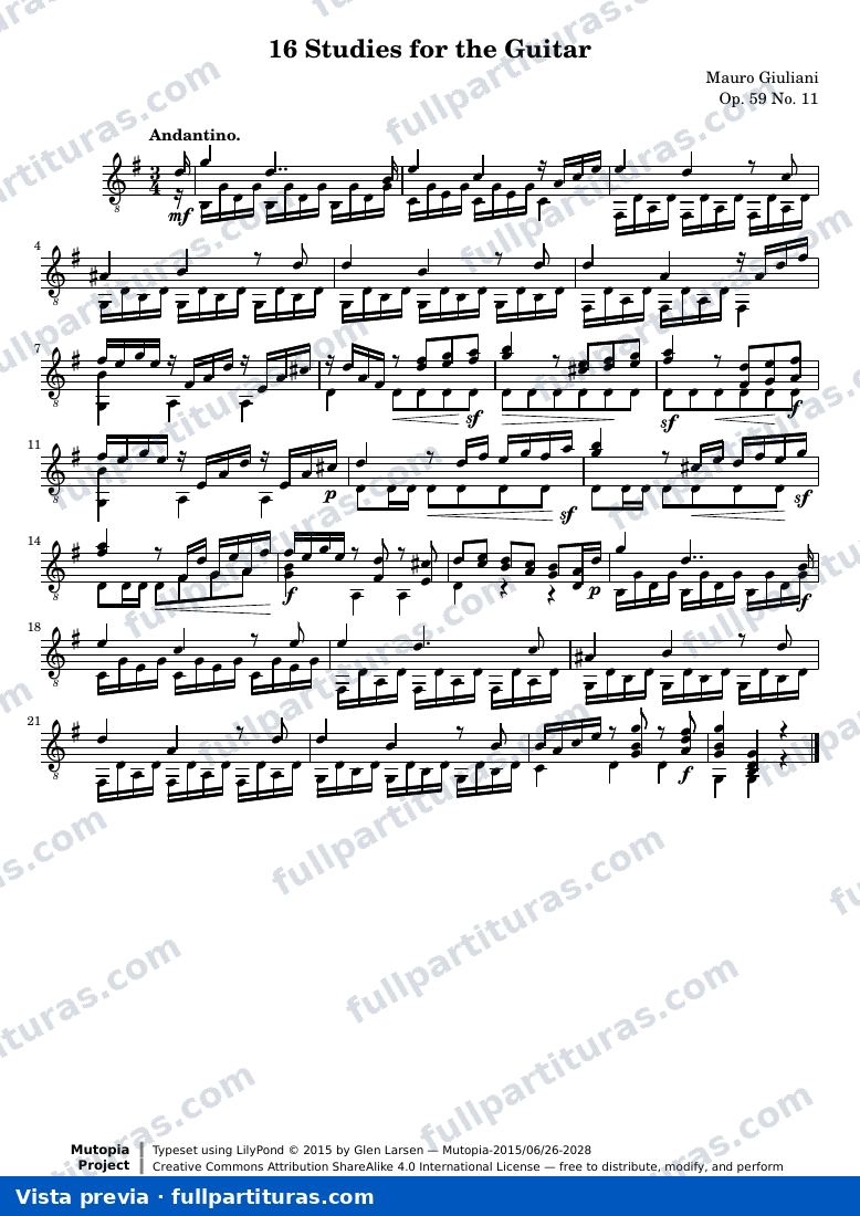 Mauro Giuliani - 16 Studies for the Guitar: No. 11 — preview
