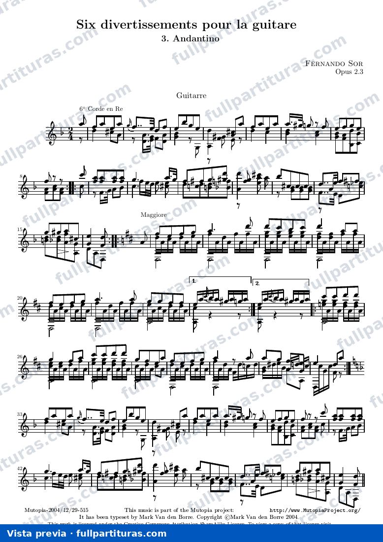 Fernando Sor - Six divertissements pour la guitare, n°3 Andantino — preview