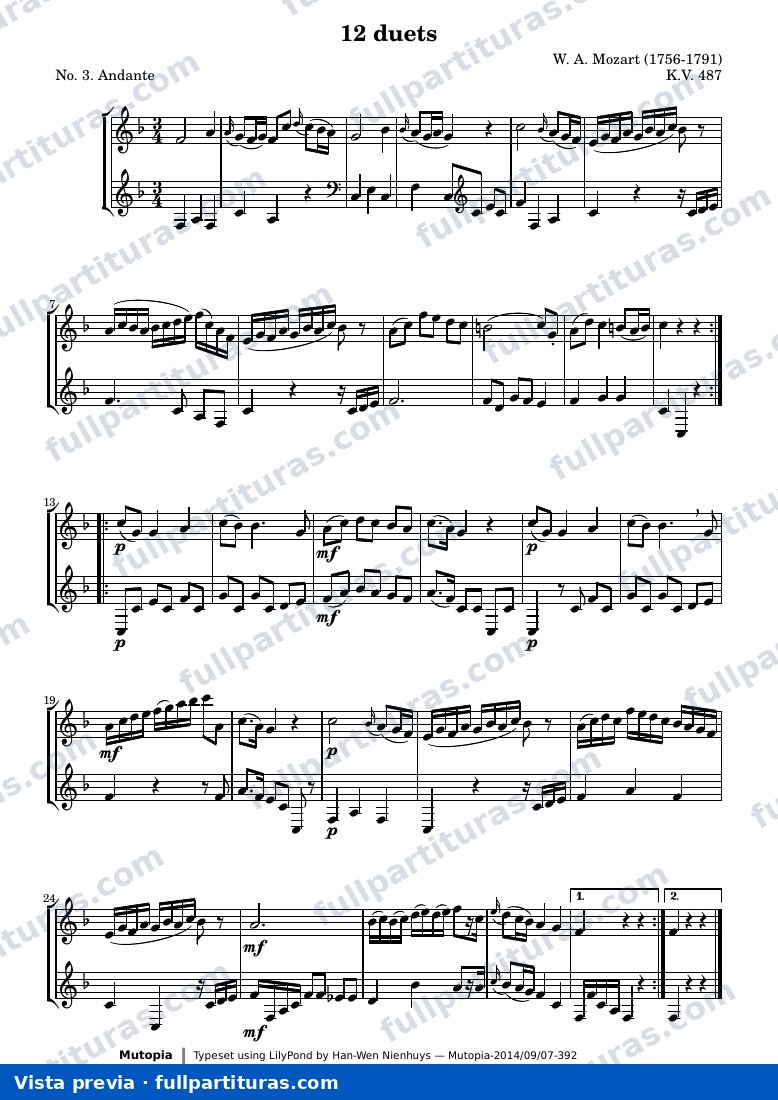 Wolfgang Amadeus Mozart - 12 Duets (No. 3: Andante) — preview