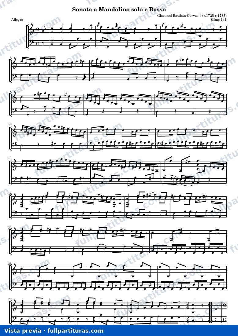 Giovanni Battista Gervasio - Sonata Per Camera di Mandolino e Basso (Gimo 141) — preview