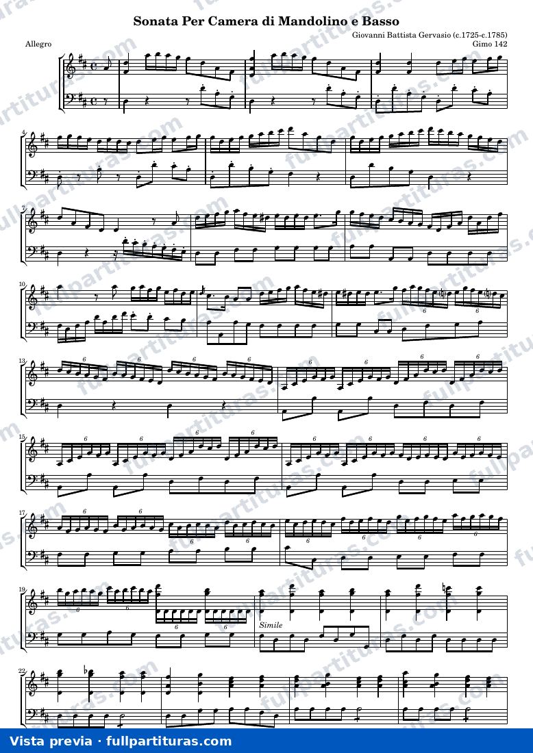 Giovanni Battista Gervasio - Sonata Per Camera di Mandolino e Basso (Gimo 142) — preview