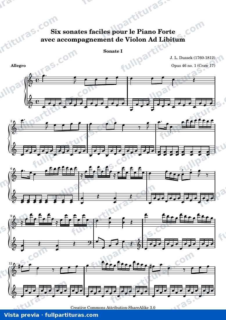 Jan Ladislav Dussek - Six sonates faciles pour le Piano Forte — vista previa